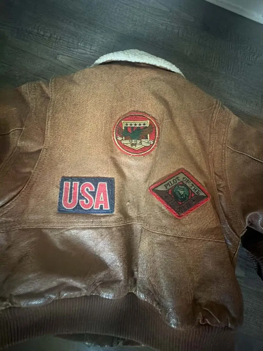Vintage Climate Control Kids Leather Bomber Flight Jacket with Patches